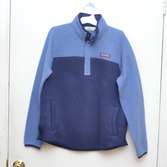 Vineyard Vines Women Blue Navy Color Block 1/4 Snap Fleece Pullover Pre Owned M - Picture 4 of 7